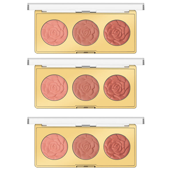 Three Milani 3 Pack Rose Powder Trio Blush Palettes, each featuring three highly pigmented blushes in pink and peach shades with rose-embossed designs.